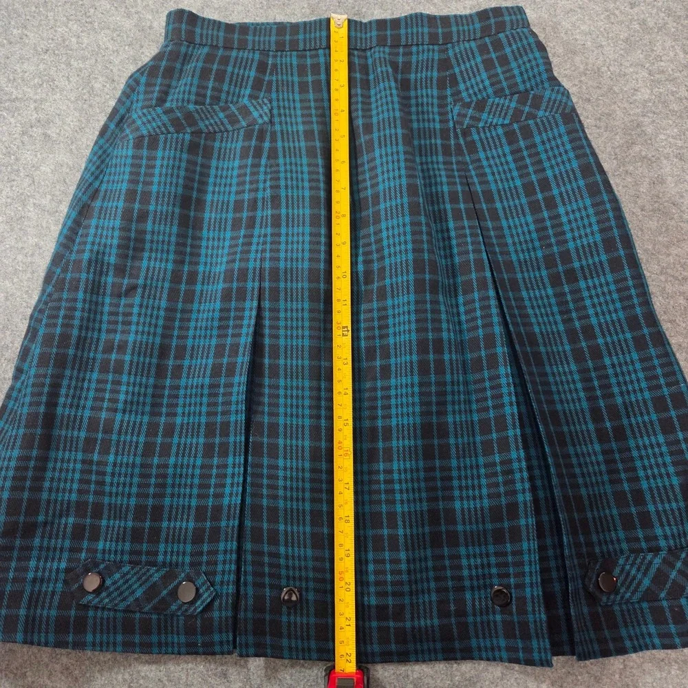 Pendleton Wool Plaid Skirt Teal Black Pleated A-Line Button Hem Vintage Style